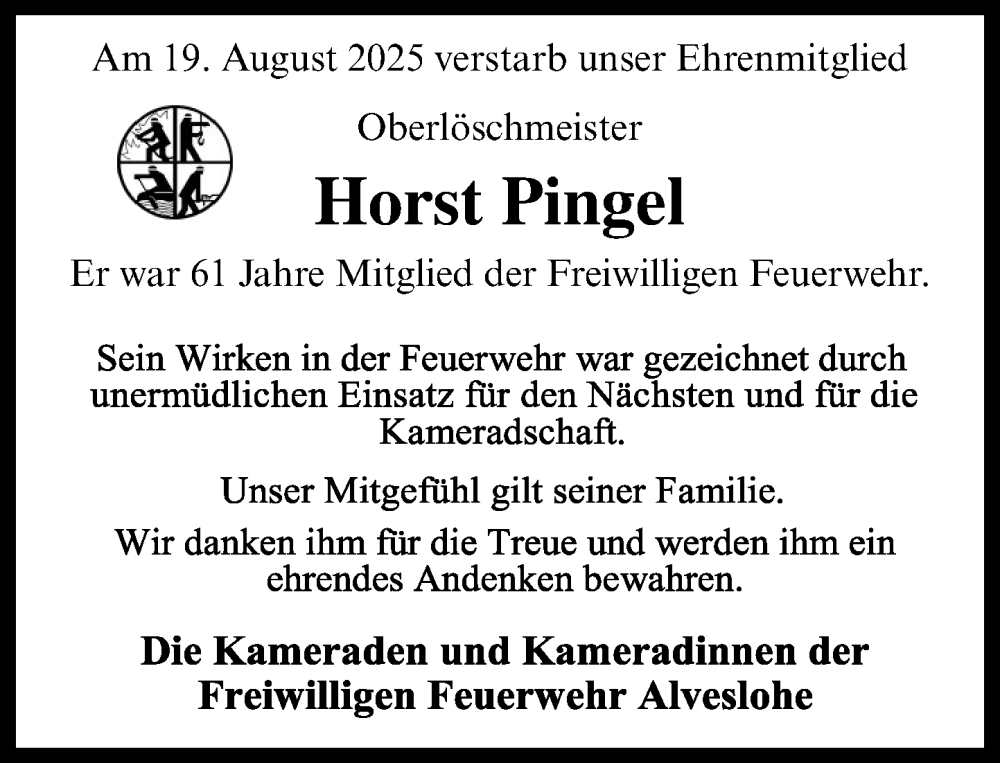  Traueranzeige für Horst Pingel vom 30.08.2025 aus Umschau