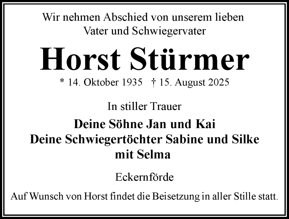  Traueranzeige für Horst Stürmer vom 30.08.2025 aus Eckernförder Zeitung, Hallo Eckernförde