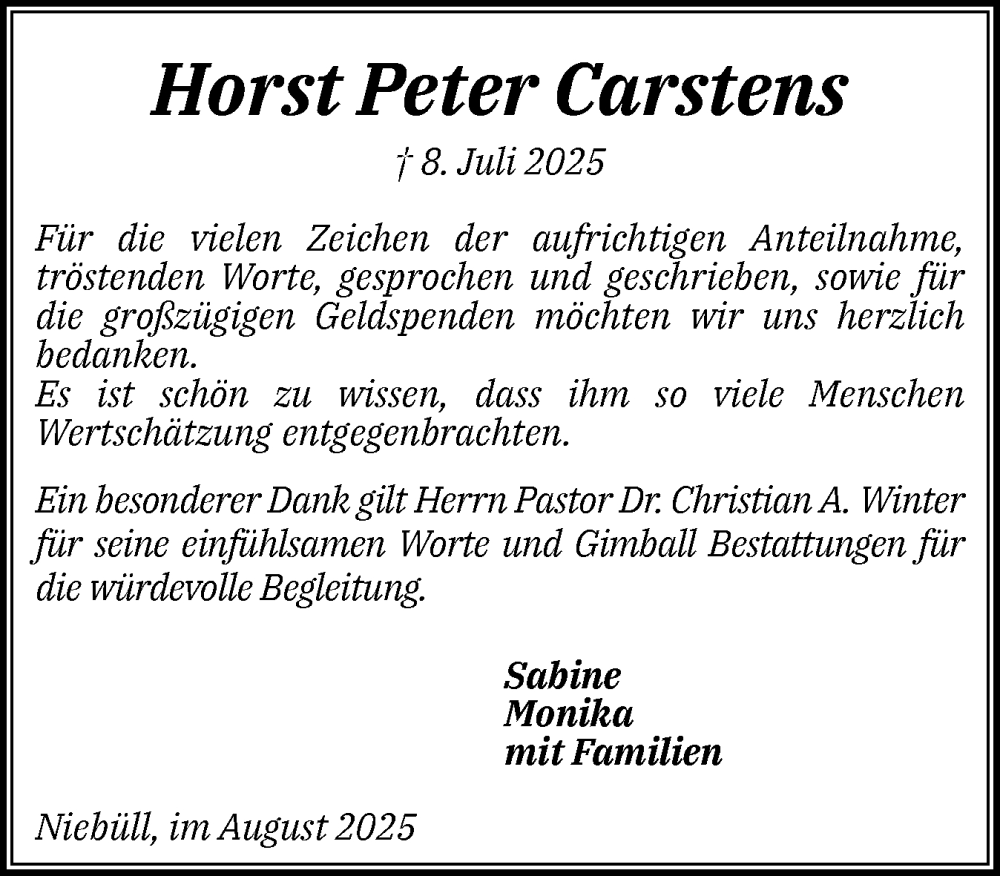  Traueranzeige für Horst Peter Carstens vom 28.08.2025 aus Husumer Nachrichten, Nordfriesland Tageblatt