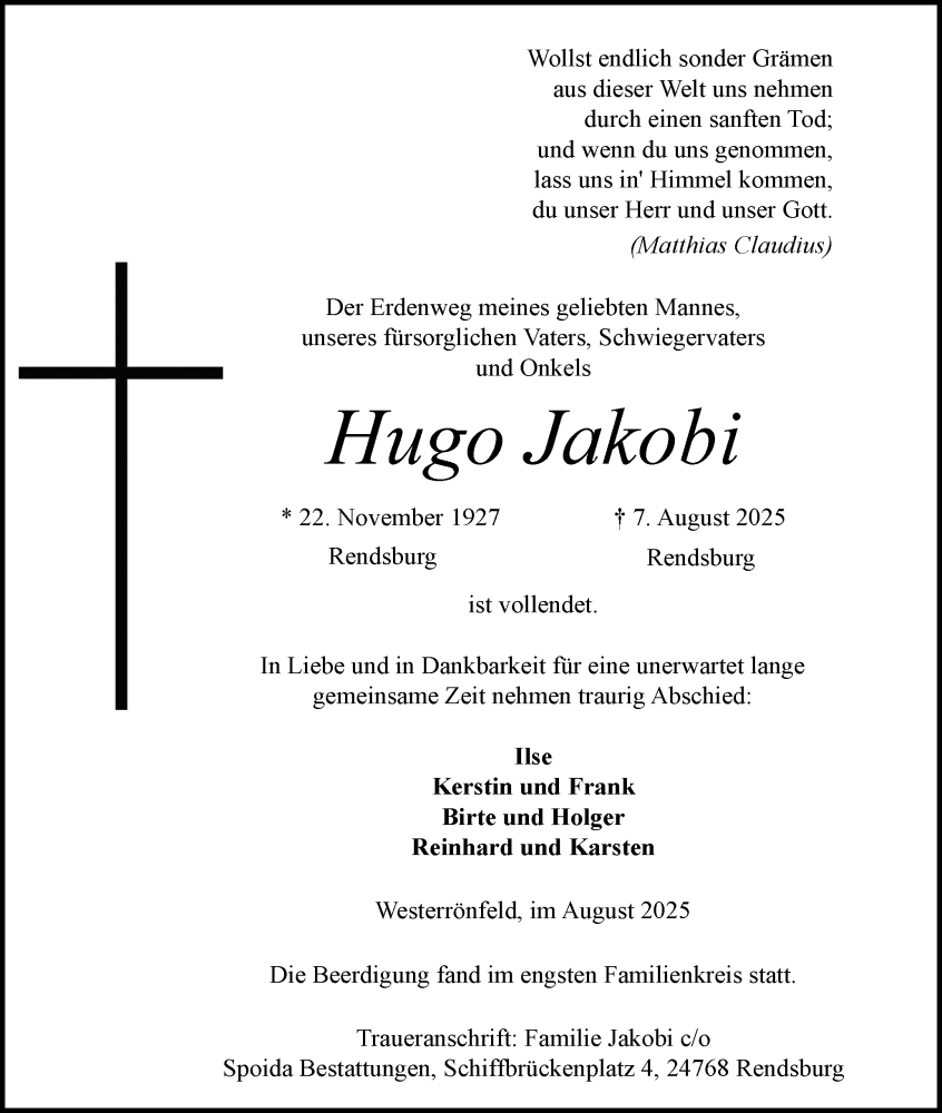  Traueranzeige für Hugo Jakobi vom 16.08.2025 aus Schleswig-Holsteinische Landeszeitung
