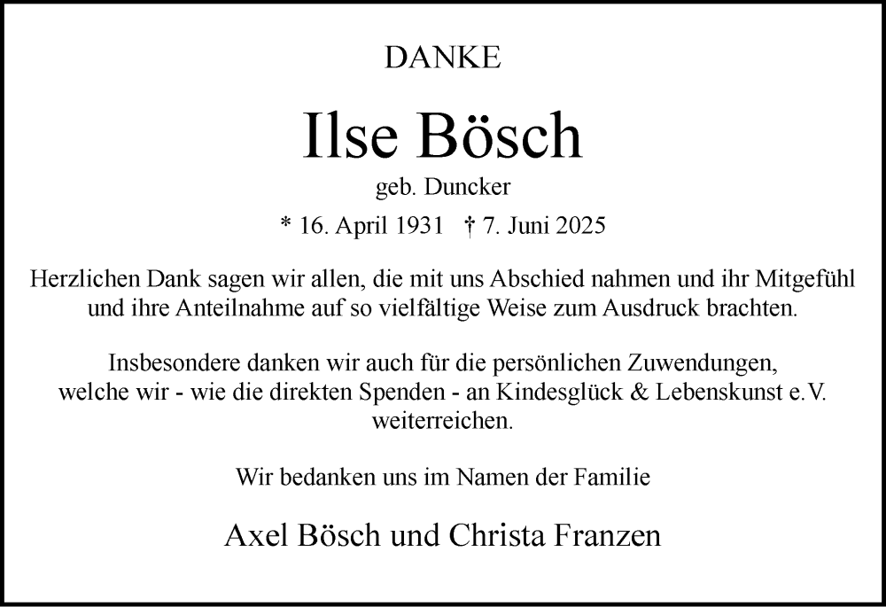  Traueranzeige für Ilse Bösch vom 02.08.2025 aus Wedel-Schulauer Tageblatt, tip Wedel-Schulauer Tageblatt, tip Rissener Rundschau