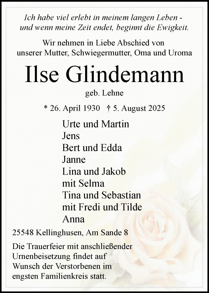  Traueranzeige für Ilse Glindemann vom 16.08.2025 aus Norddeutsche Rundschau, Wilstersche Zeitung, Glückstädter Fortuna