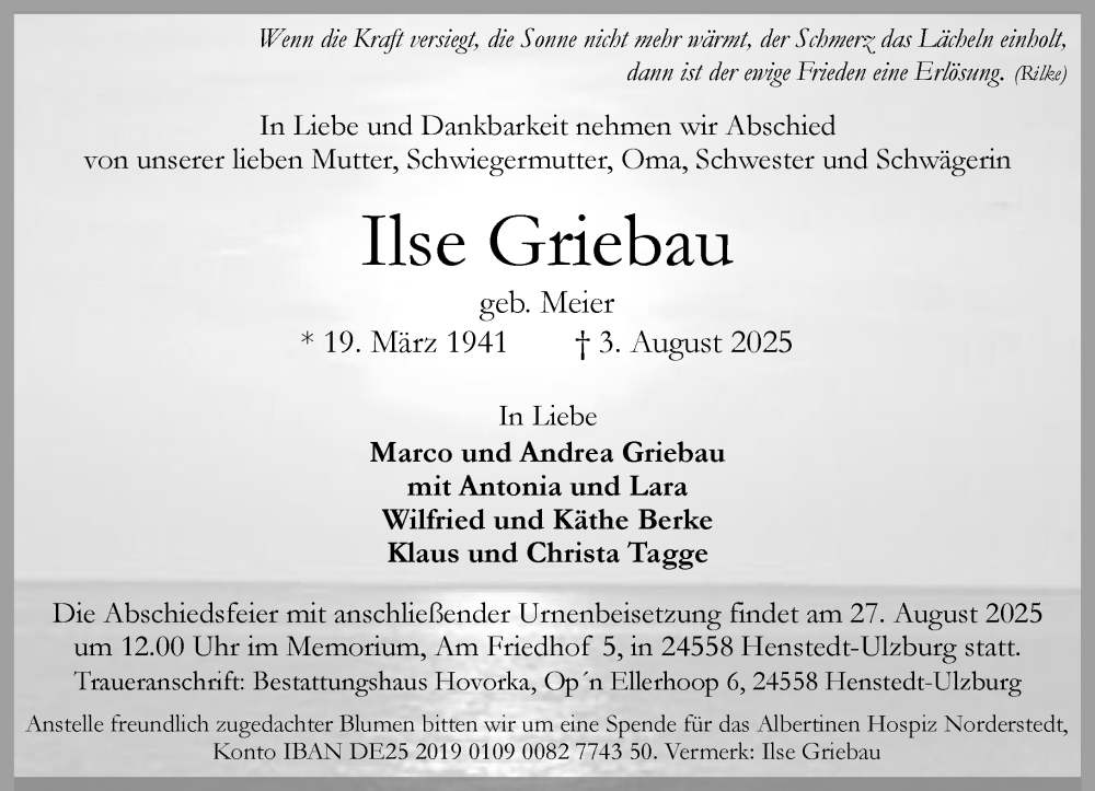  Traueranzeige für Ilse Griebau vom 16.08.2025 aus Umschau