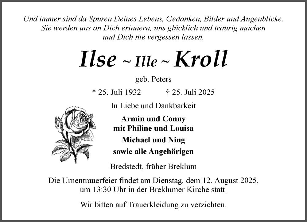  Traueranzeige für Ilse Kroll vom 02.08.2025 aus Husumer Nachrichten, Nordfriesland Tageblatt