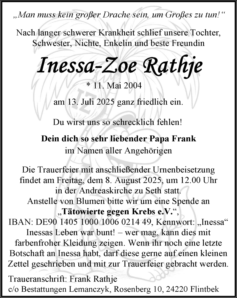  Traueranzeige für Inessa-Zoe Rathje vom 02.08.2025 aus MARKT Bad Oldesloe/Reinfeld und Stormarner Tageblatt