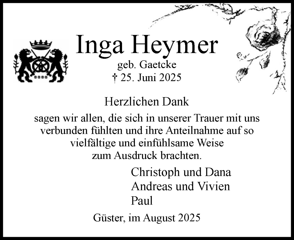  Traueranzeige für Inga Heymer vom 02.08.2025 aus Wochenend Anzeiger