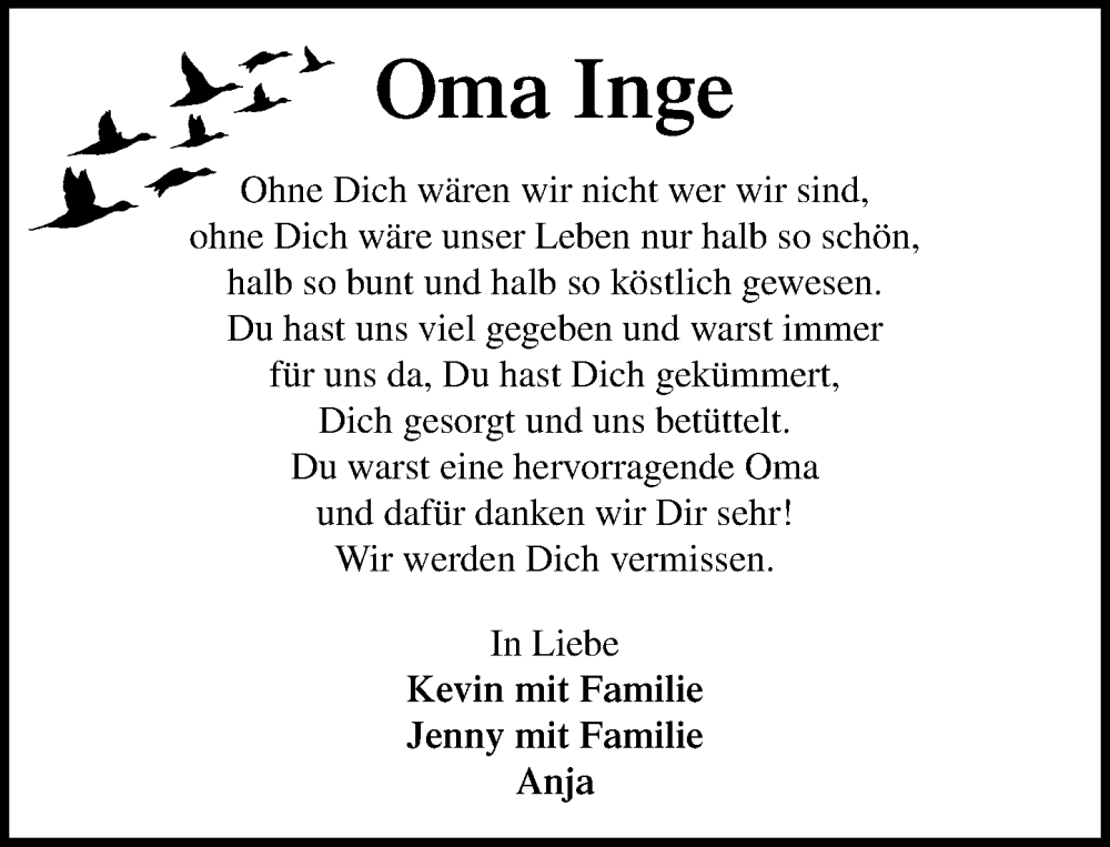  Traueranzeige für Inge  vom 02.08.2025 aus MARKT Ratzeburg/Mölln