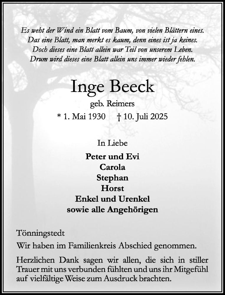  Traueranzeige für Inge Beeck vom 09.08.2025 aus MARKT Ahrensburg/Bargteheide/Trittau und Stormarner Tageblatt