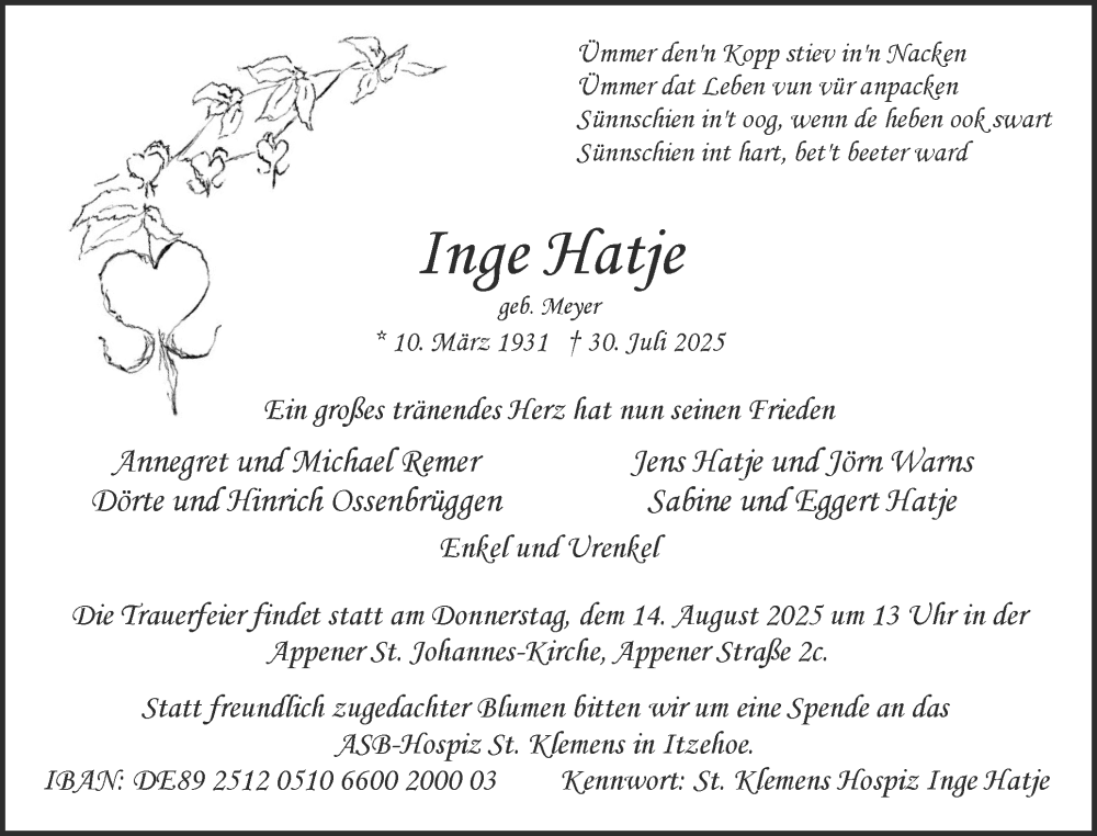  Traueranzeige für Inge Hatje vom 09.08.2025 aus A. Beig Gesamtausgabe