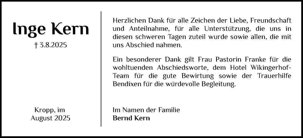  Traueranzeige für Inge Kern vom 21.08.2025 aus Schleswiger Nachrichten, Schlei-Bote