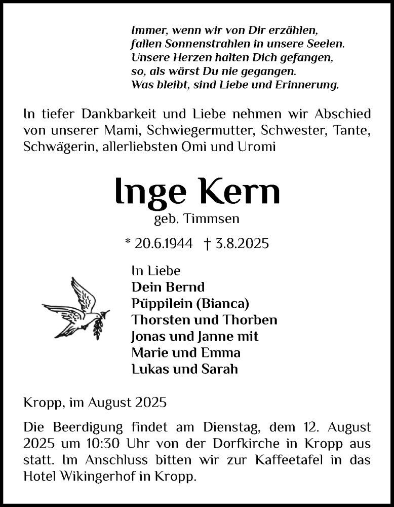  Traueranzeige für Inge Kern vom 09.08.2025 aus Schleswiger Nachrichten, Schlei-Bote