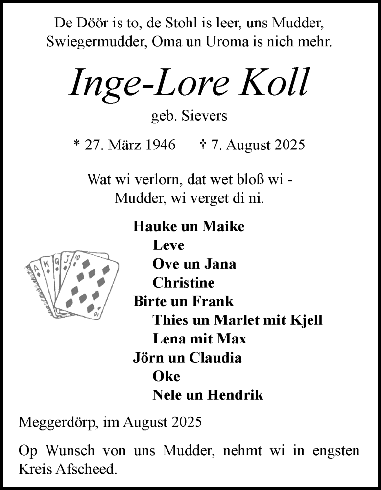  Traueranzeige für Inge-Lore Koll vom 23.08.2025 aus Schleswig-Holsteinische Landeszeitung
