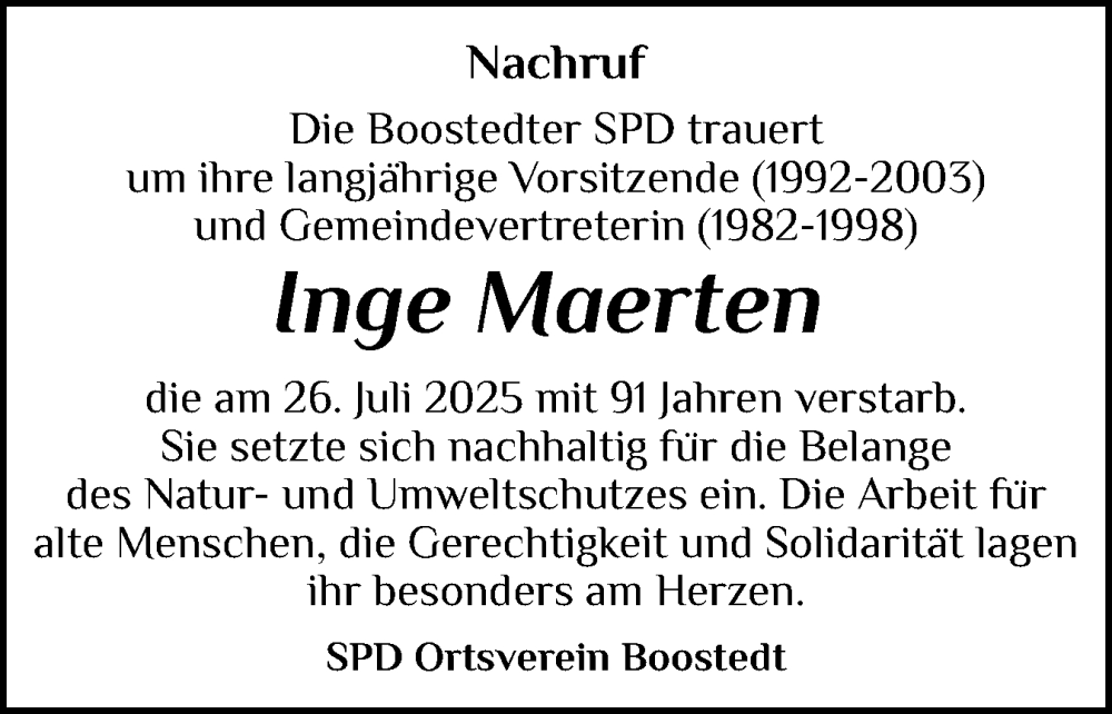  Traueranzeige für Inge Maerten vom 09.08.2025 aus Holsteinischer Courier