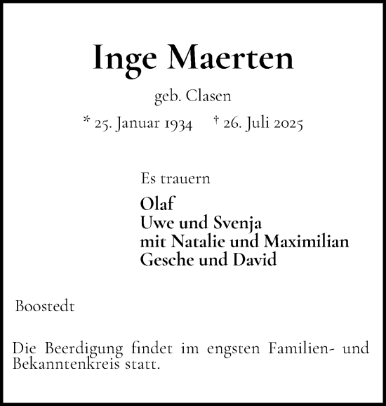 Traueranzeige von Inge Maerten von Holsteinischer Courier