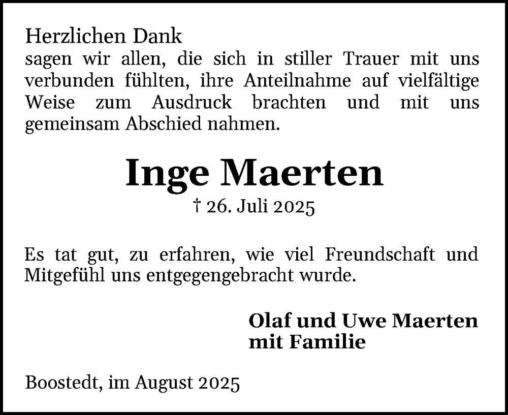  Traueranzeige für Inge Maerten vom 23.08.2025 aus Holsteinischer Courier