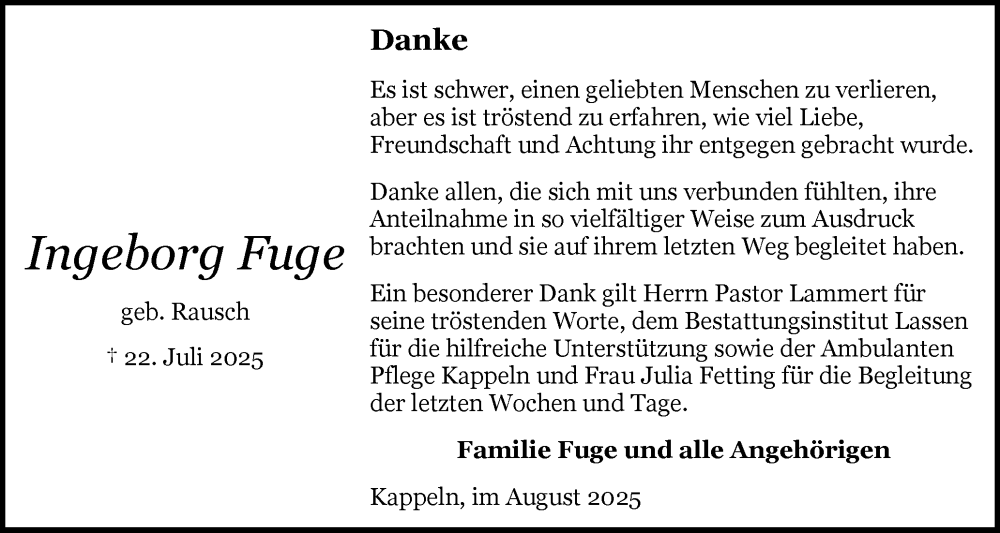  Traueranzeige für Ingeborg Fuge vom 23.08.2025 aus Schleswiger Nachrichten, Schlei-Bote