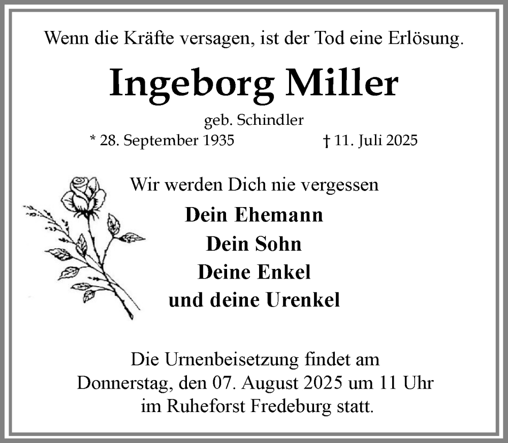  Traueranzeige für Ingeborg Miller vom 02.08.2025 aus MARKT Ratzeburg/Mölln