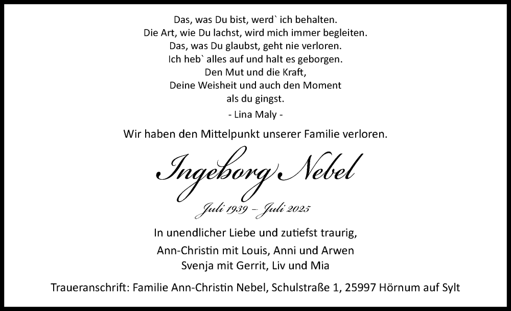  Traueranzeige für Ingeborg Nebel vom 16.08.2025 aus Sylter Rundschau