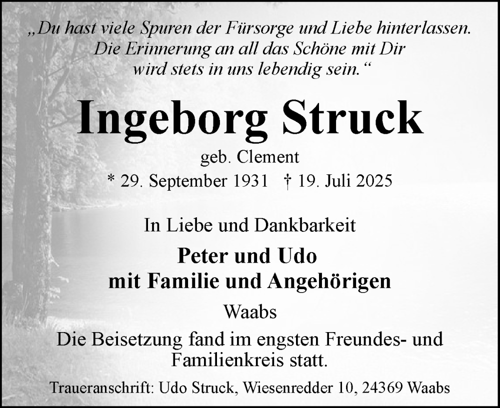  Traueranzeige für Ingeborg Struck vom 16.08.2025 aus Eckernförder Zeitung, Hallo Eckernförde