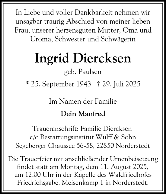 Traueranzeige von Ingrid Diercksen von Der Insel-Bote