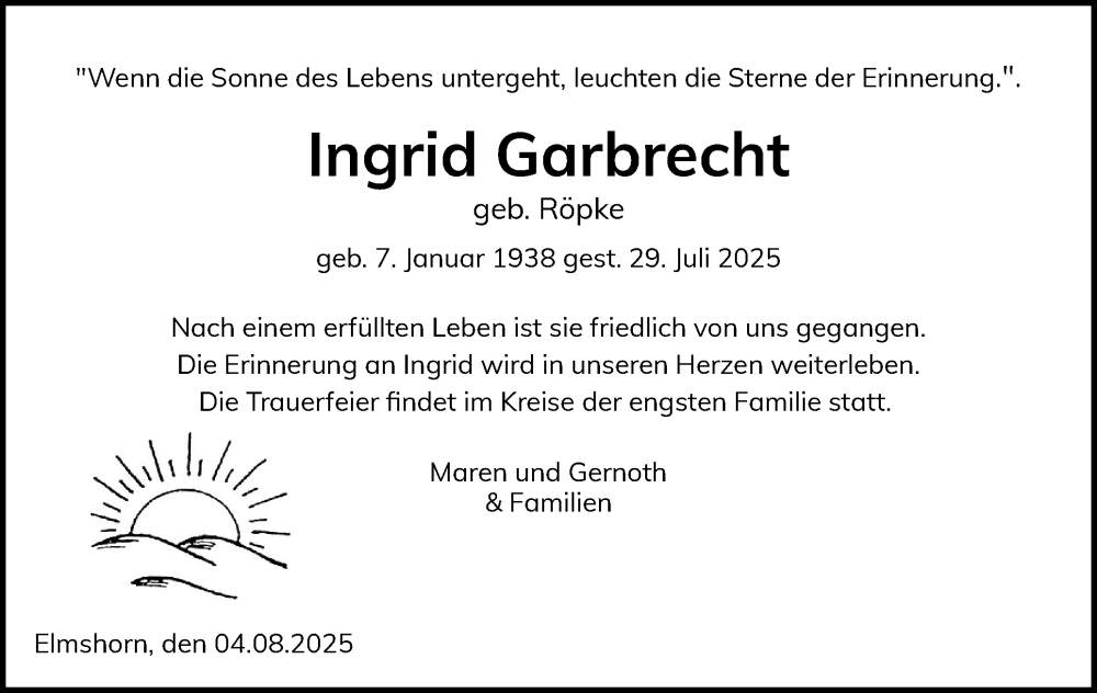  Traueranzeige für Ingrid Garbrecht vom 06.08.2025 aus Elmshorner Nachrichten, Barmstedter Zeitung