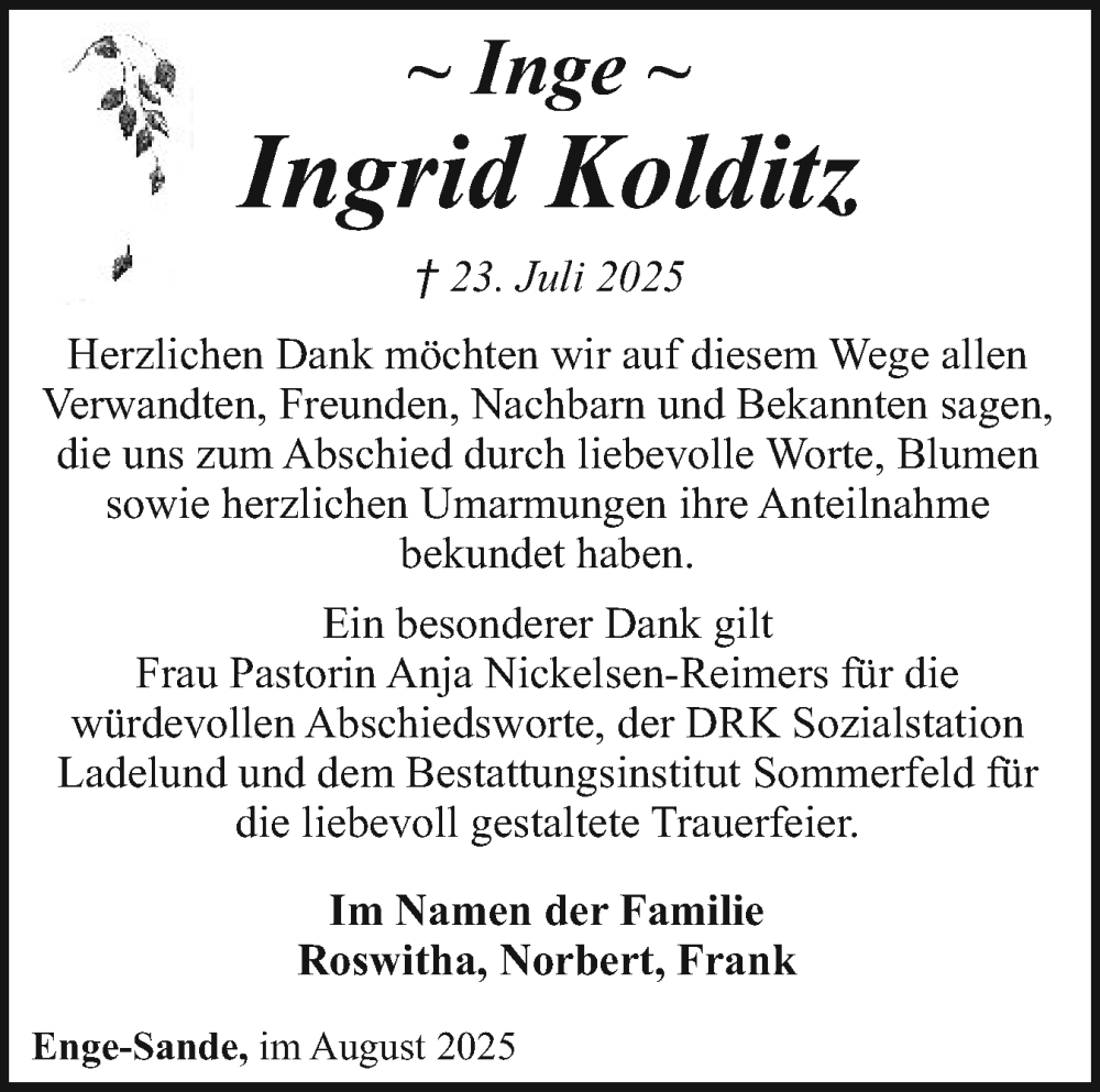  Traueranzeige für Ingrid Kolditz vom 16.08.2025 aus Region Flensburg