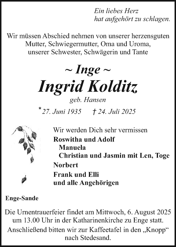  Traueranzeige für Ingrid Kolditz vom 02.08.2025 aus Husumer Nachrichten, Nordfriesland Tageblatt