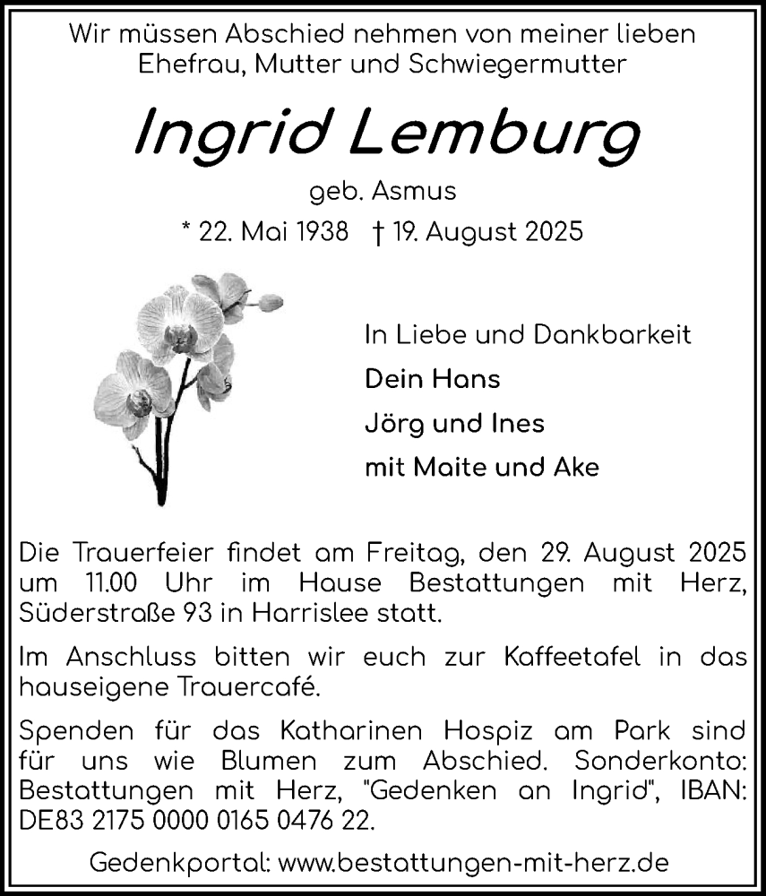  Traueranzeige für Ingrid Lemburg vom 23.08.2025 aus Flensburger Tageblatt