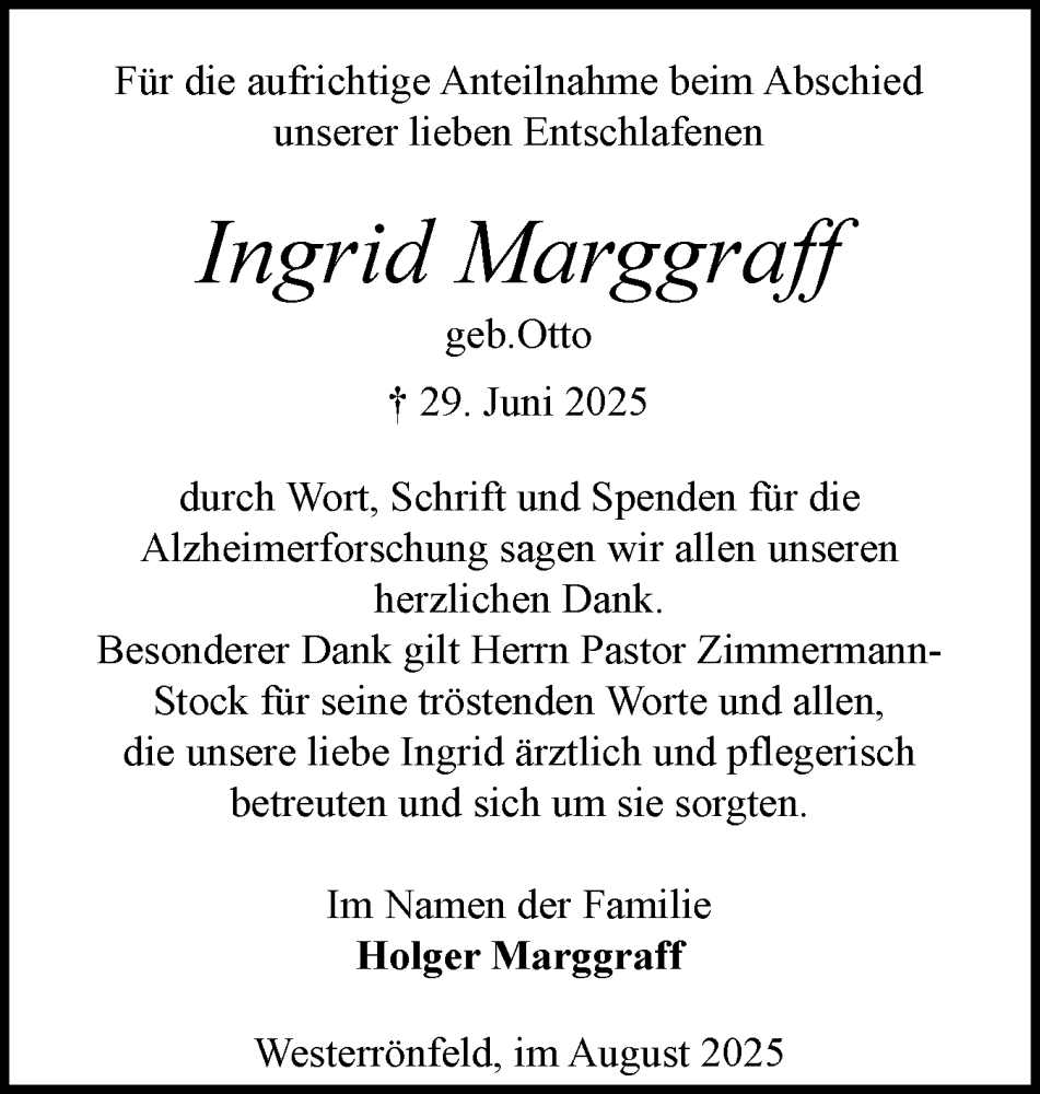 Traueranzeige für Ingrid Marggraff vom 02.08.2025 aus Schleswig-Holsteinische Landeszeitung