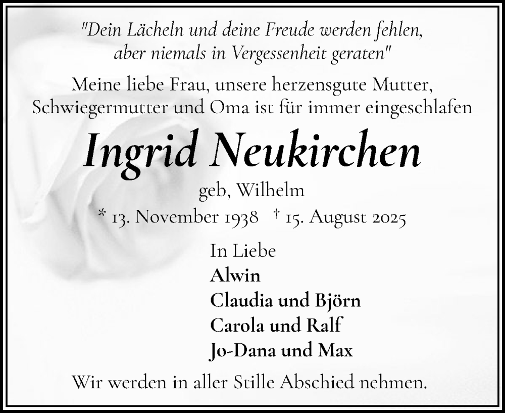 Traueranzeige für Ingrid Neukirchen vom 23.08.2025 aus Flensburger Tageblatt
