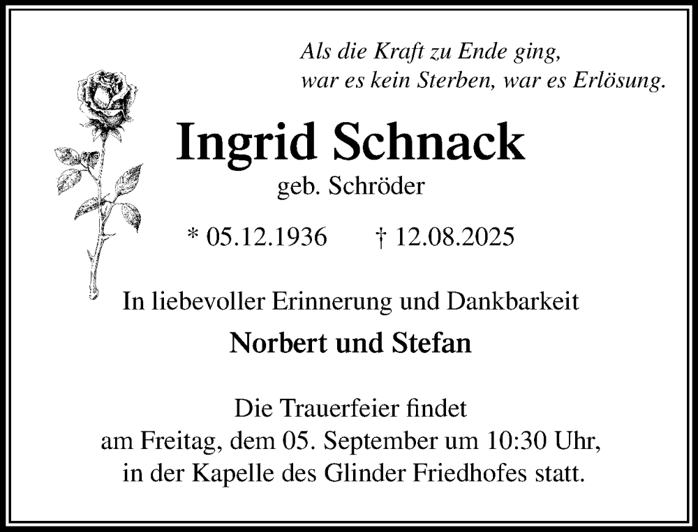  Traueranzeige für Ingrid Schnack vom 23.08.2025 aus MARKT Glinde/Reinbek