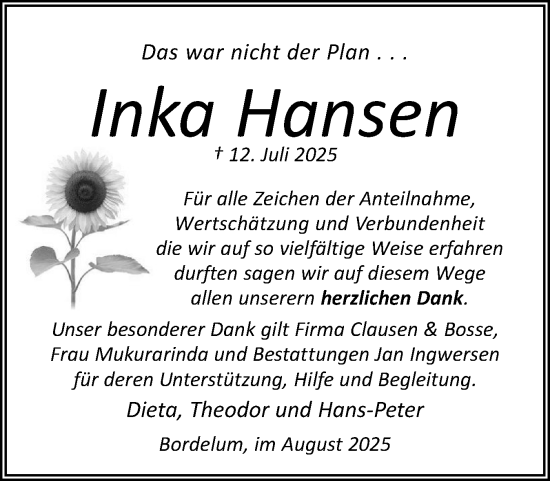 Traueranzeige von Inka Hansen von Region Flensburg