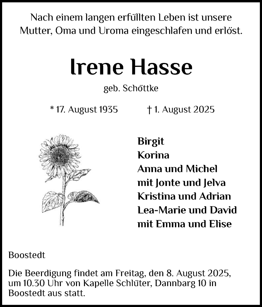  Traueranzeige für Irene Hasse vom 05.08.2025 aus Holsteinischer Courier
