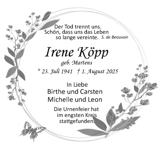 Traueranzeige von Irene Köpp von Uetersener Nachrichten, Der tip am Wochenende