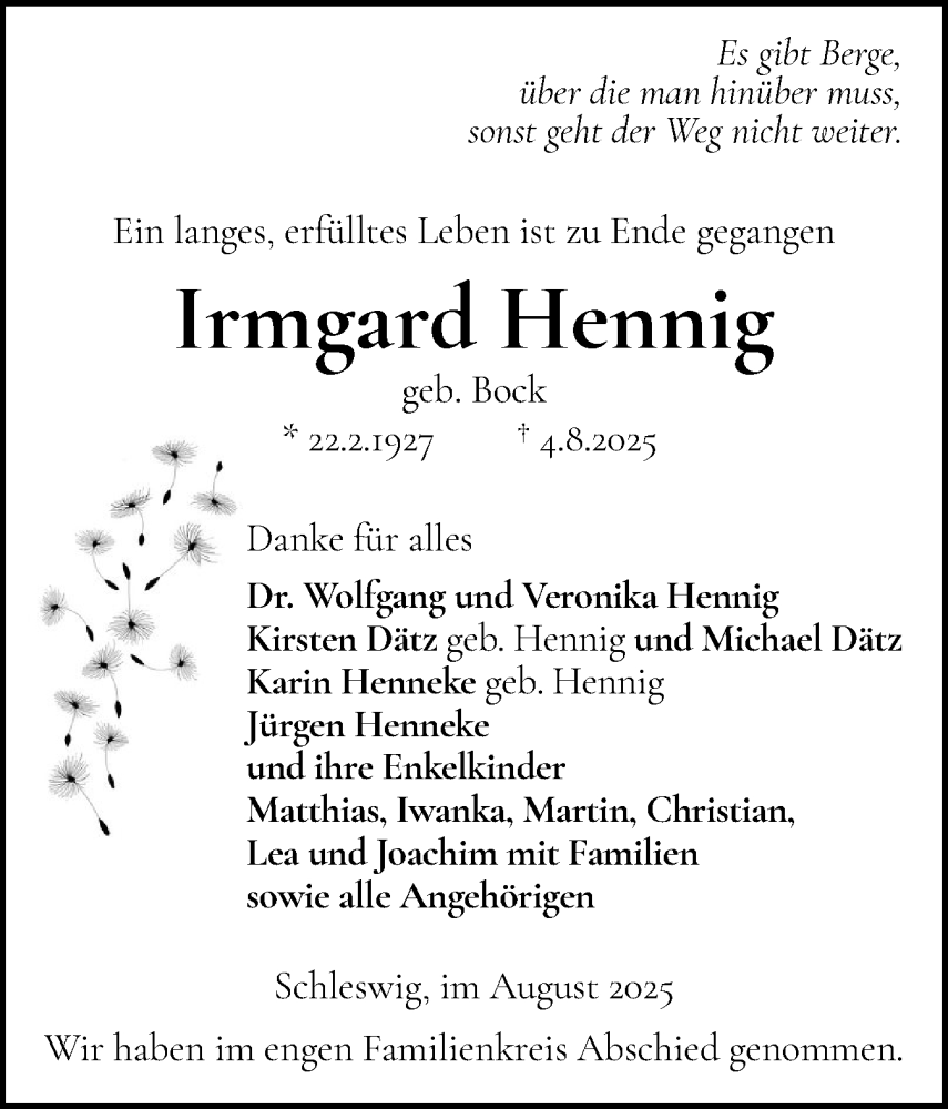  Traueranzeige für Irmgard Hennig vom 16.08.2025 aus Schleswiger Nachrichten, Schlei-Bote