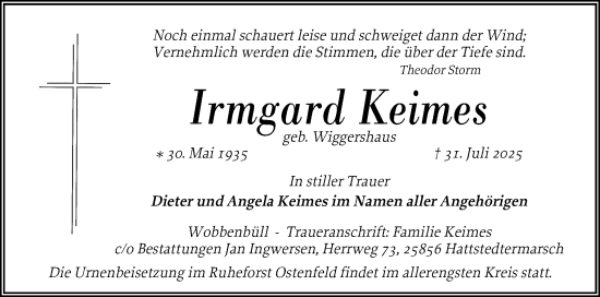 Traueranzeige von Irmgard Keimes von Husumer Nachrichten, Nordfriesland Tageblatt