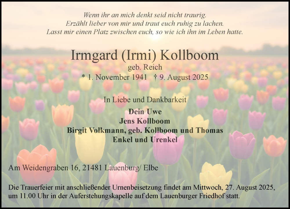  Traueranzeige für Irmgard Kollboom vom 23.08.2025 aus Wochenend Anzeiger