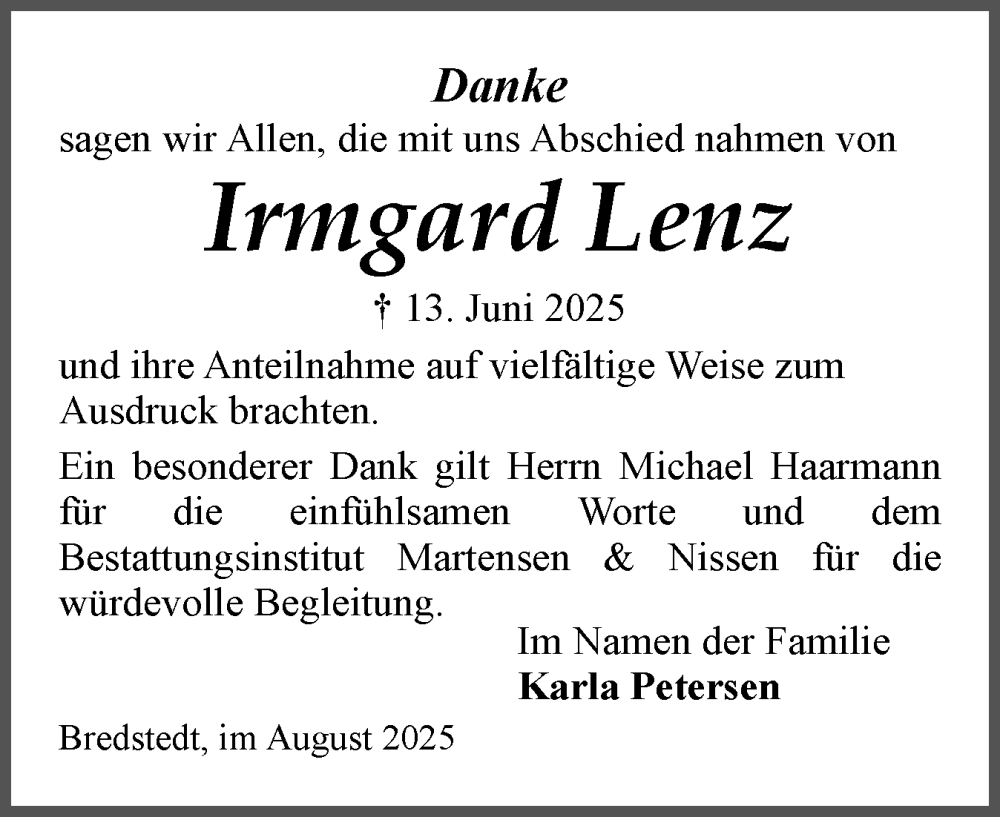  Traueranzeige für Irmgard Lenz vom 02.08.2025 aus Husumer Nachrichten, Nordfriesland Tageblatt