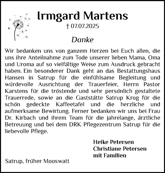 Traueranzeige von Irmgard Martens von Flensburger Tageblatt, Schleswiger Nachrichten, Schlei-Bote
