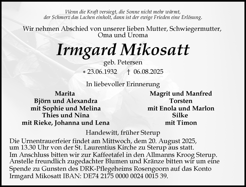  Traueranzeige für Irmgard Mikosatt vom 16.08.2025 aus Region Flensburg