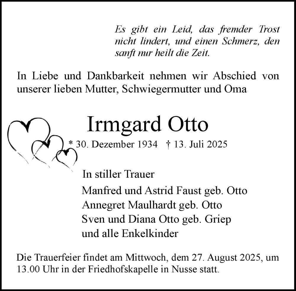  Traueranzeige für Irmgard Otto vom 23.08.2025 aus MARKT Ratzeburg/Mölln