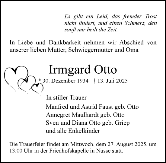 Traueranzeige von Irmgard Otto von MARKT Ratzeburg/Mölln