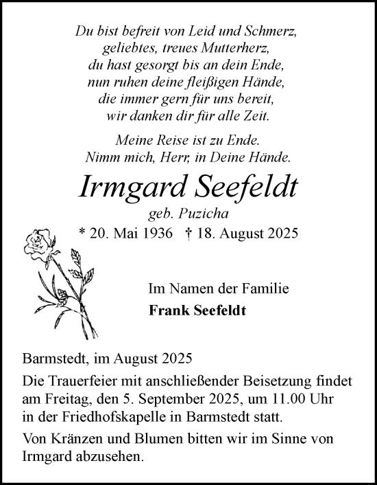 Traueranzeige von Irmgard Seefeldt von Elmshorner Nachrichten, Barmstedter Zeitung