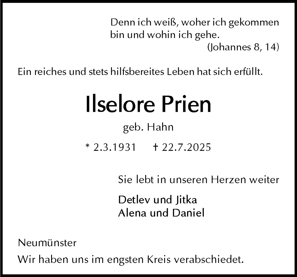  Traueranzeige für Iselore Prien vom 23.08.2025 aus Holsteinischer Courier