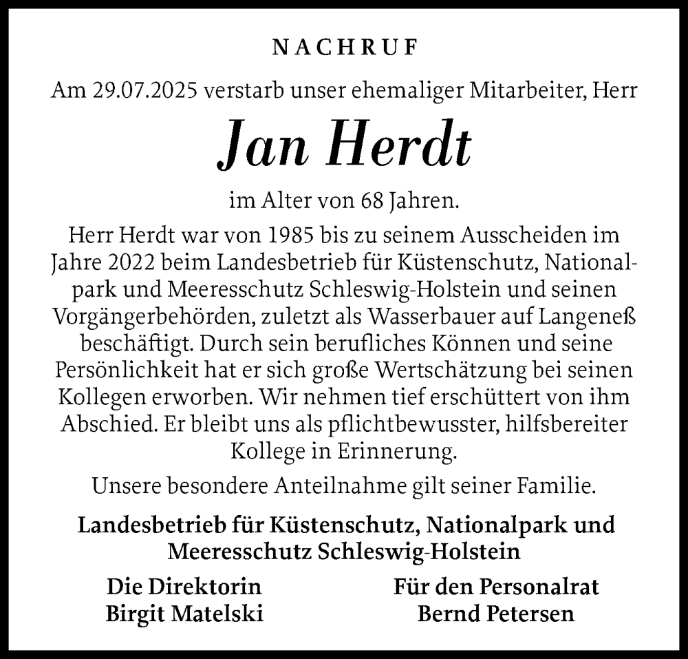  Traueranzeige für Jan Herdt vom 09.08.2025 aus Region Westküste