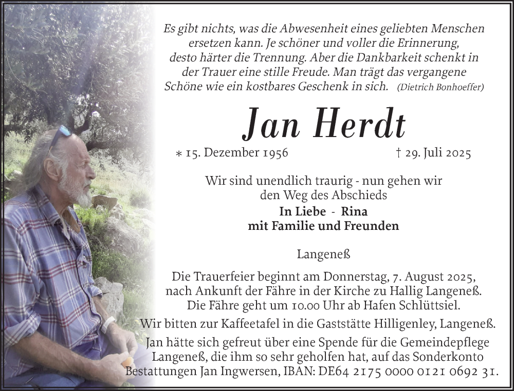  Traueranzeige für Jan Herdt vom 05.08.2025 aus Husumer Nachrichten, Nordfriesland Tageblatt