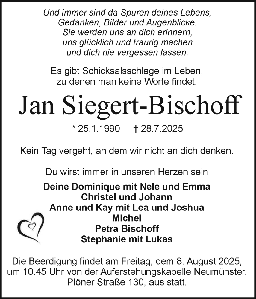  Traueranzeige für Jan Siegert-Bischoff vom 02.08.2025 aus Holsteinischer Courier