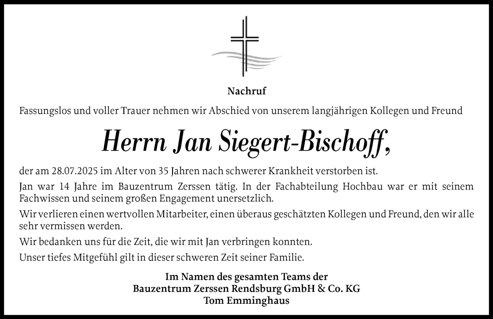  Traueranzeige für Jan Siegert-Bischoff vom 02.08.2025 aus Schleswig-Holsteinische Landeszeitung