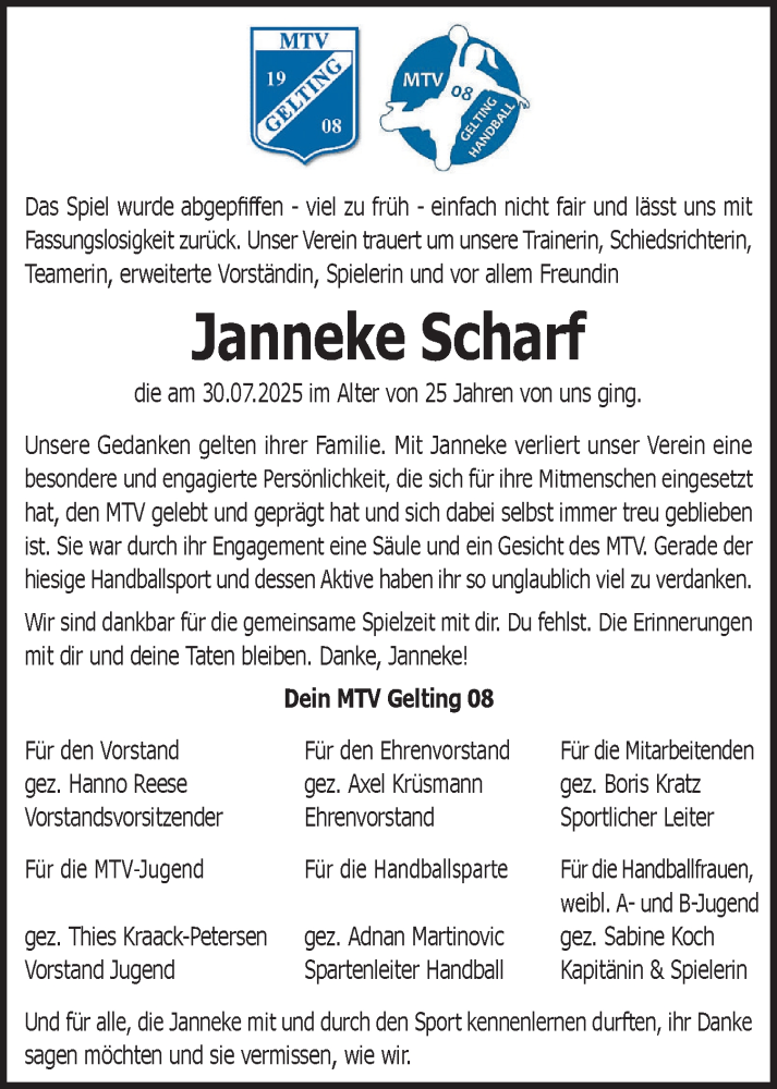  Traueranzeige für Janneke Scharf vom 07.08.2025 aus Flensburger Tageblatt, Schleswiger Nachrichten, Schlei-Bote