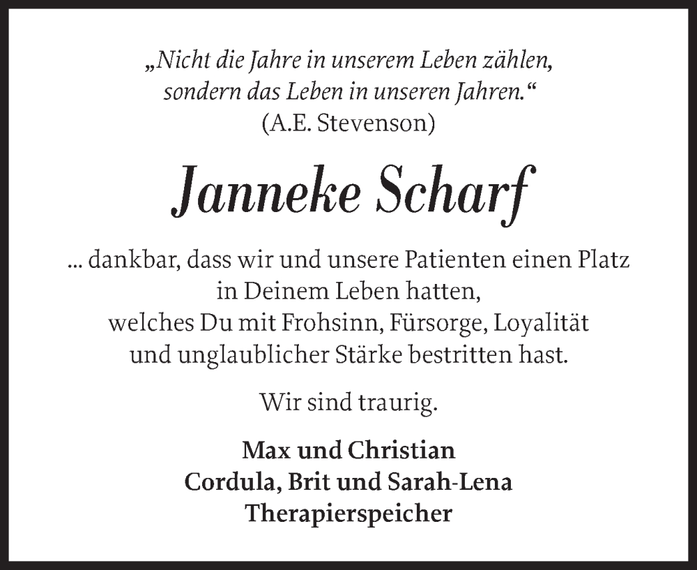 Traueranzeige für Janneke Scharf vom 07.08.2025 aus Schleswiger Nachrichten, Schlei-Bote